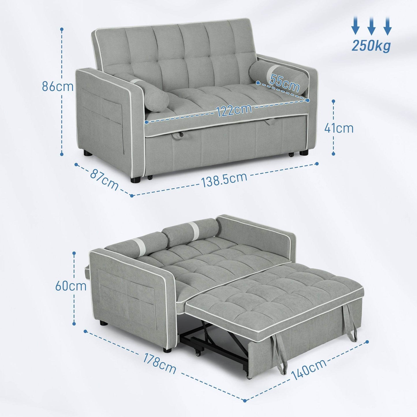 HOMCOM Light Grey Linen-Look Convertible Sofa Bed with Adjustable Backrest - ALL4U RETAILER LTD