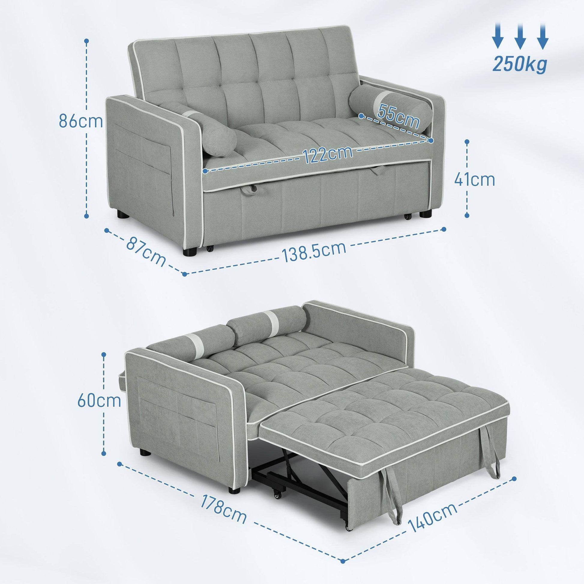 HOMCOM Light Grey Linen-Look Convertible Sofa Bed with Adjustable Backrest - ALL4U RETAILER LTD