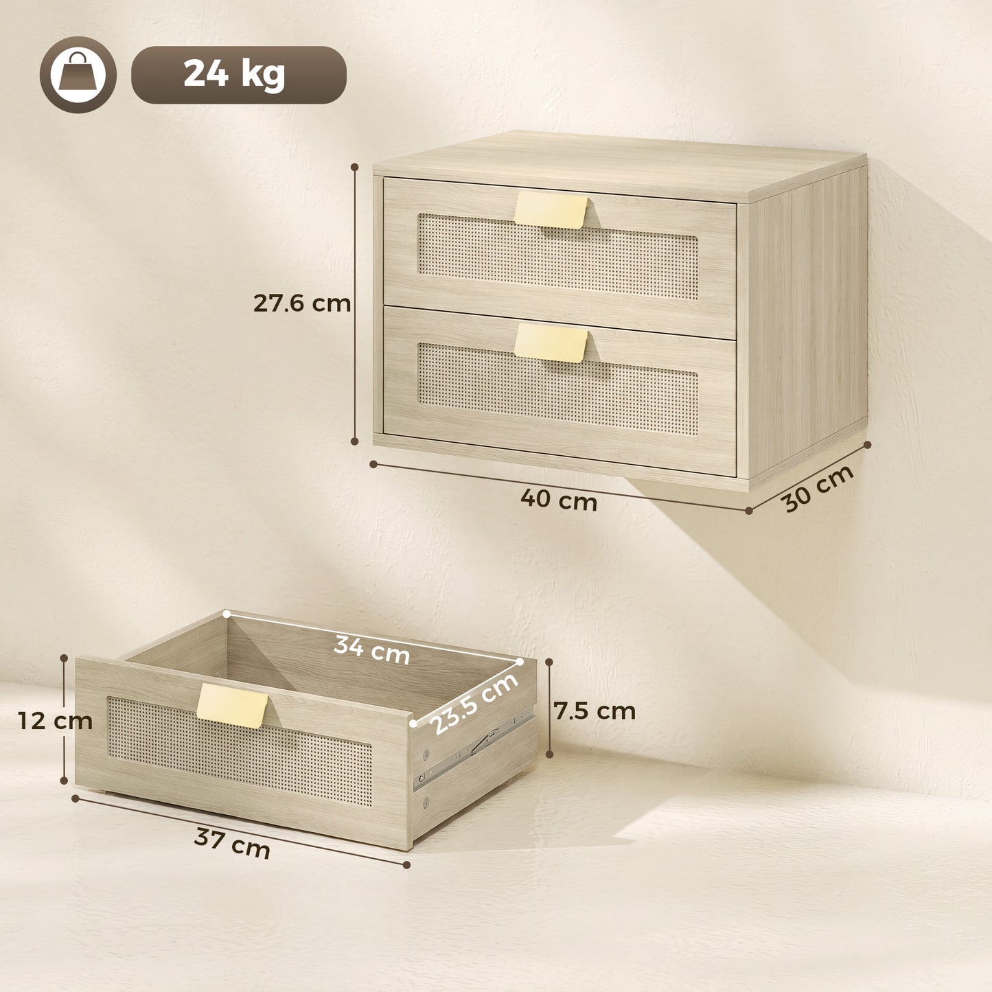 Modern Wall Mounted Floating Nightstand With 2 Drawers In Oak Set