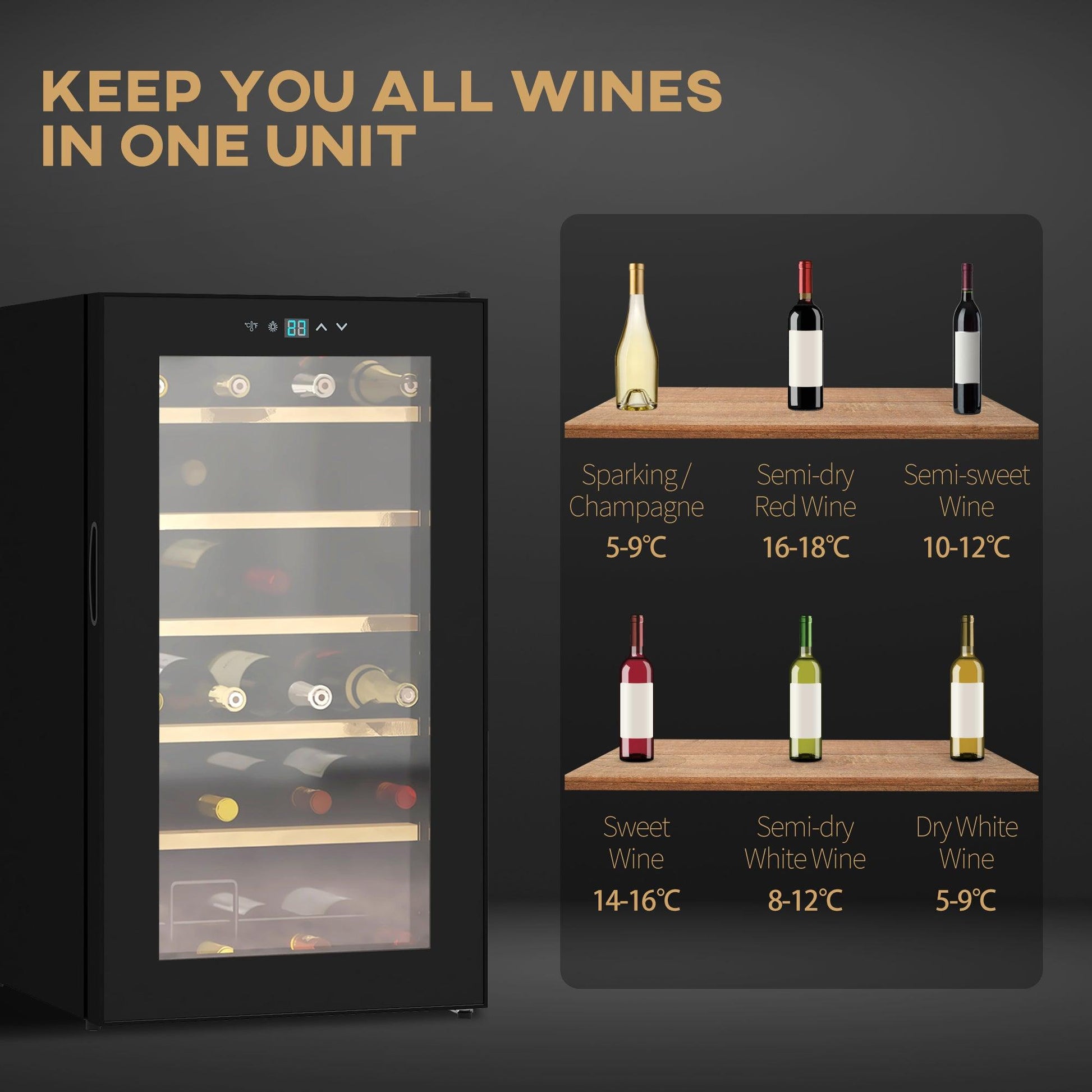 HOMCOM 24 Bottles Wine Fridge with Glass Door Digital Touch Screen Control LED Light - ALL4U RETAILER LTD