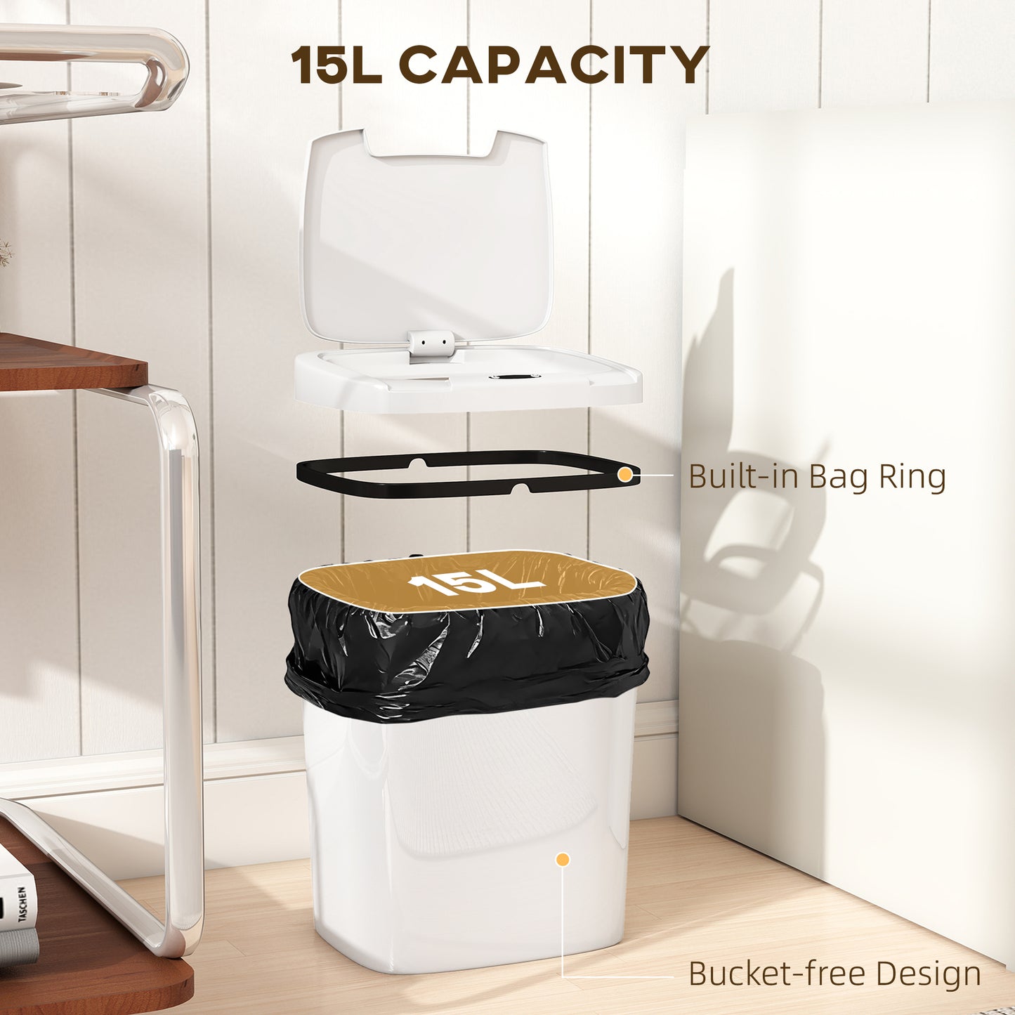 Homcom 15L Sensor Bin Touchless Kitchen Bin Battery Operated Automatic Open Easy Clean White