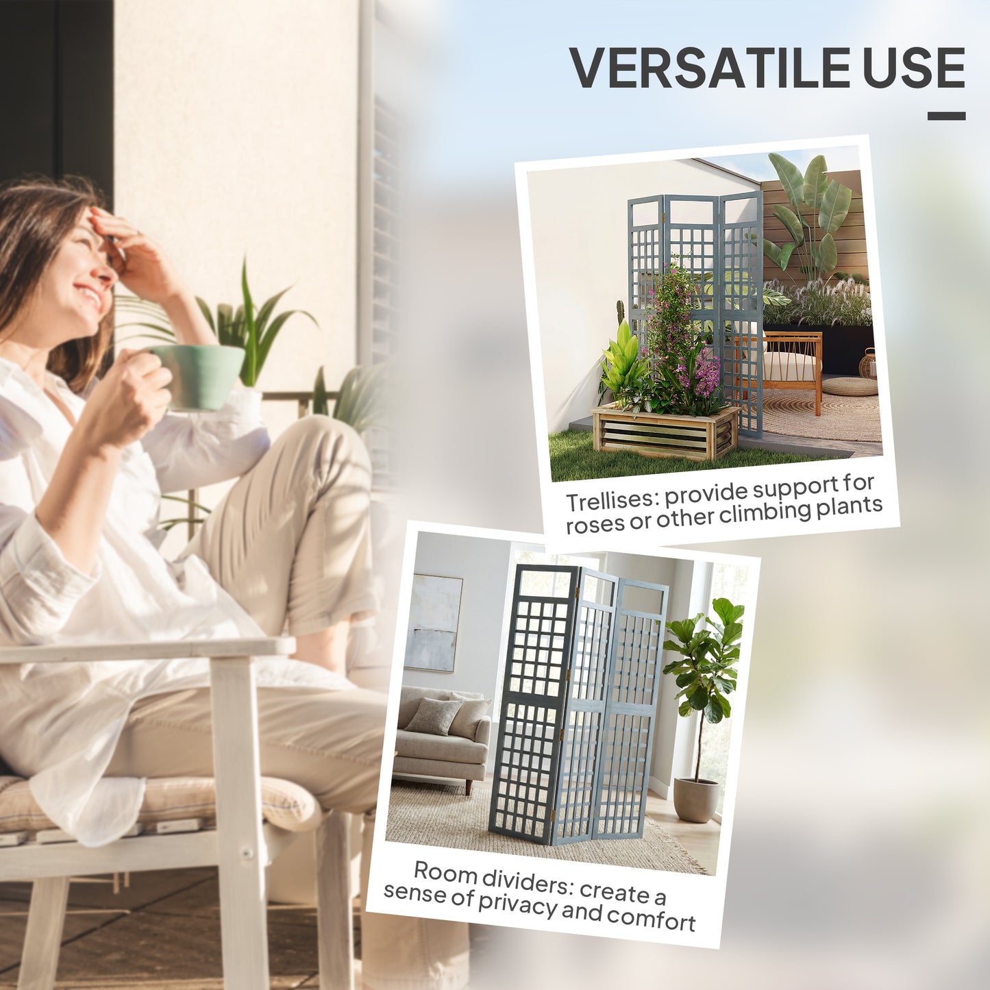 Outsunny 3 Panel Garden Privacy Screen Freestanding Foldable Wooden Outdoor Divider Trellis Grey