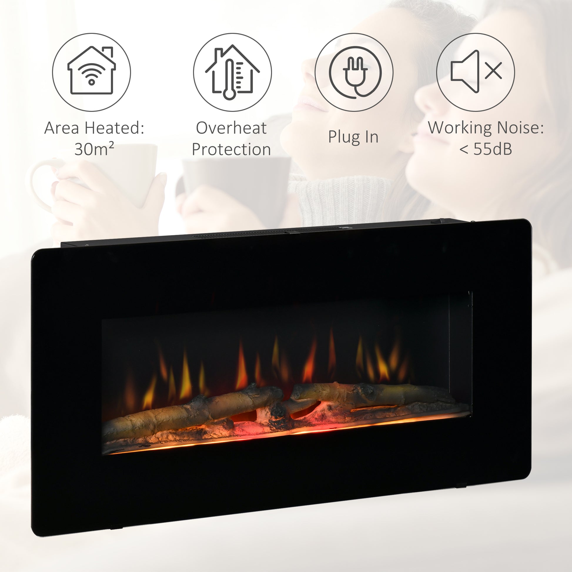 HOMCOM Wall-Mounted Electric Fireplace Heater with Remote Control, Adjustable Flame & Timer, 1800/2000W, Black Finish - ALL4U RETAILER LTD