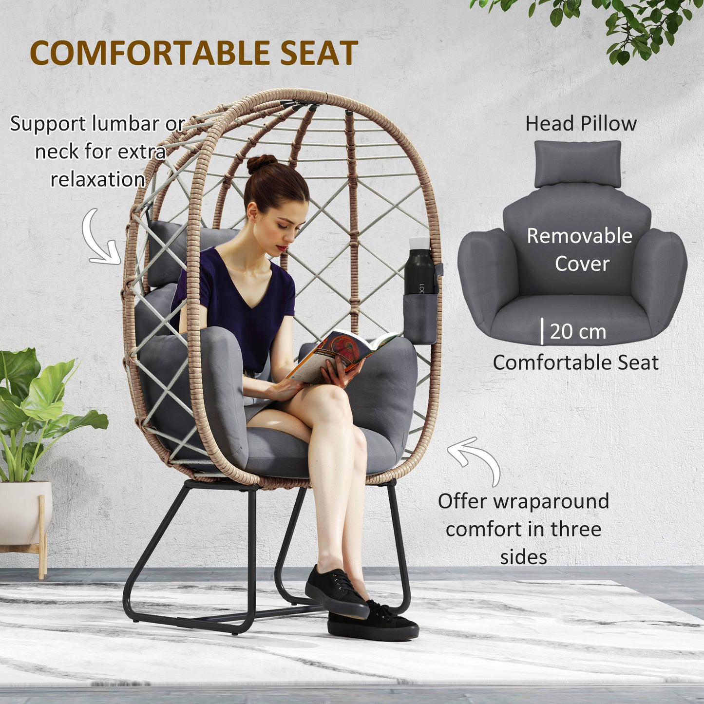 Outsunny Rattan Egg Chair With Thick Cushion And Headrest, Standing Garden Wicker Chair, Metal Frame For Patio Balcony