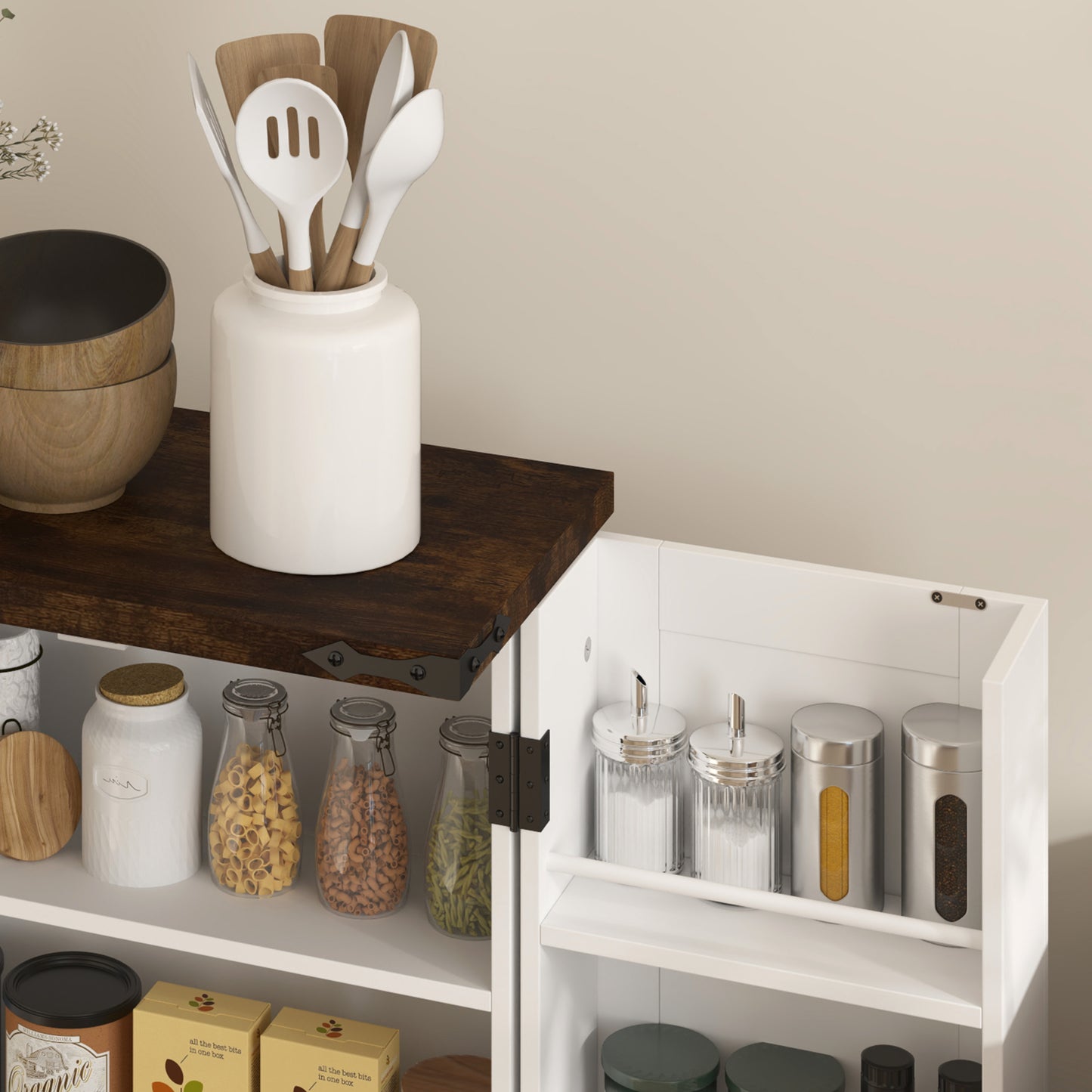HOMCOM Multi Storage Farmhouse Style Kitchen Cabinet White With Adjustable Shelves For Pantry And Kitchen Organization