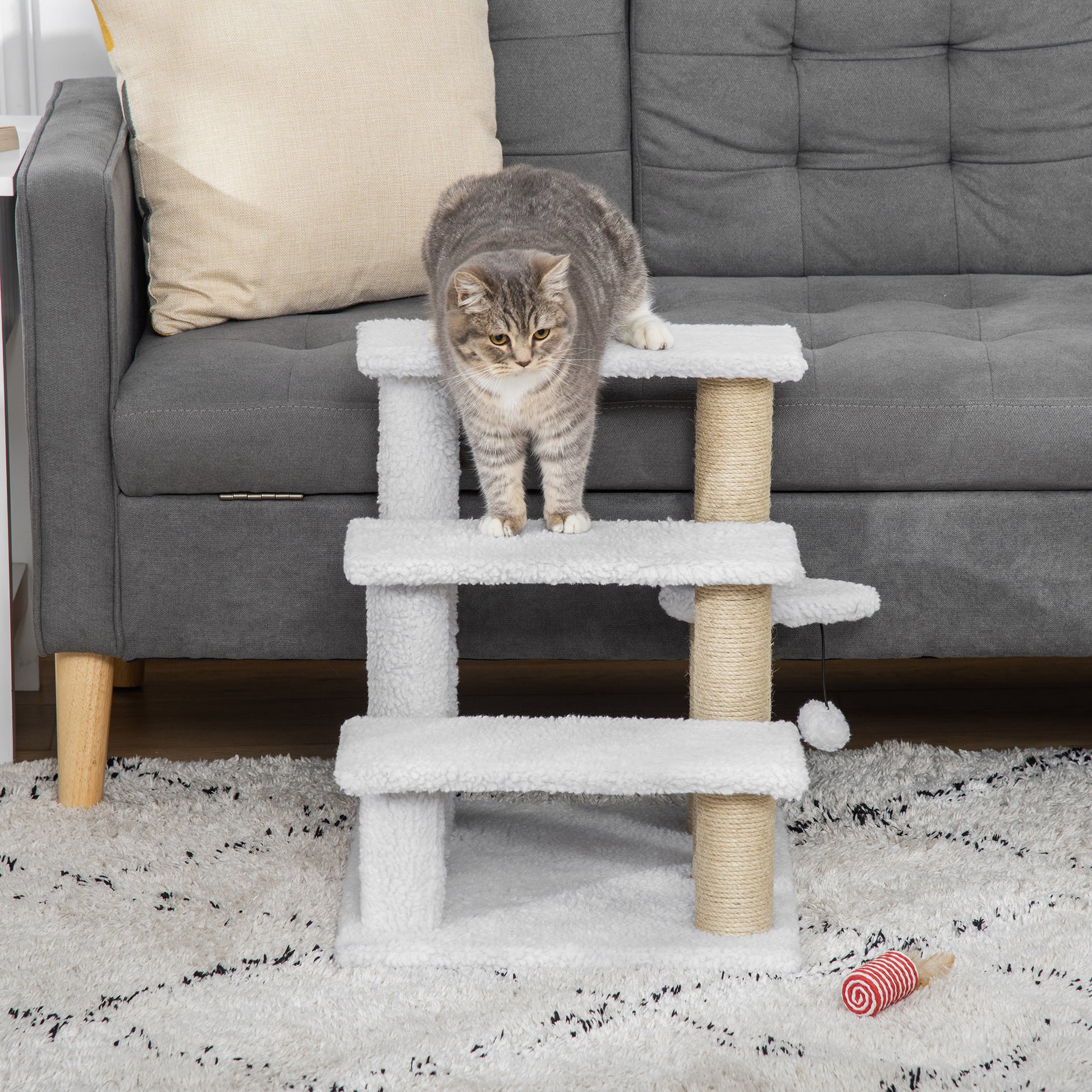 PawHut 3-Step Cat Climbing Stairs with Scratching Posts and Toy Ball for Indoor Senior Cats and Kittens - White - ALL4U RETAILER LTD