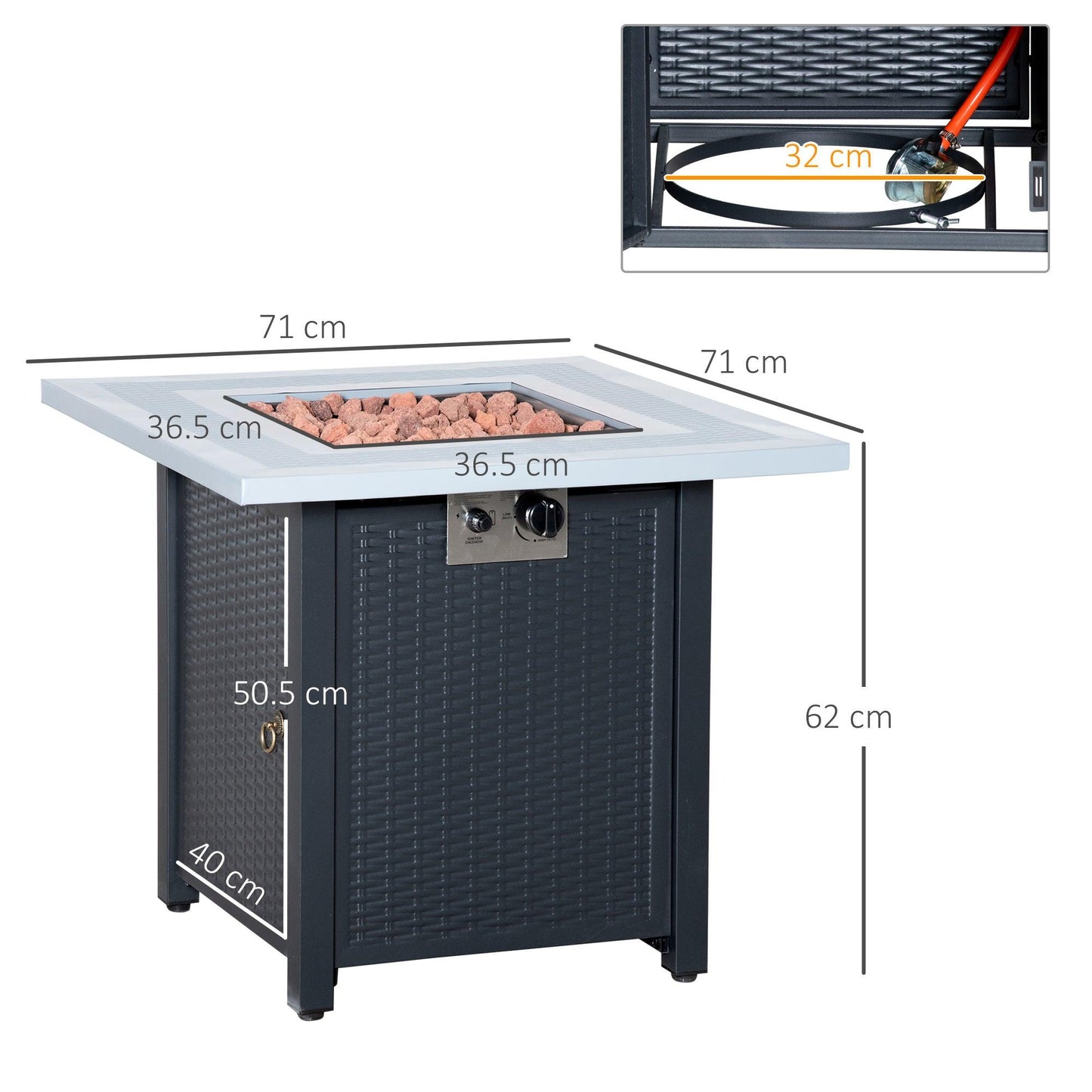 Outsunny Square Propane Fire Pit Table, 40000 BTU Rattan Patio Heater with Lid and Lava Rocks - ALL4U RETAILER LTD