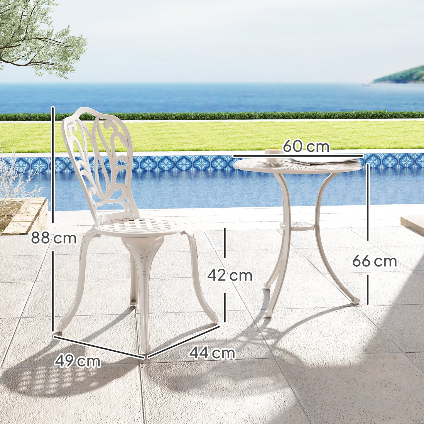 Outsunny 3 Piece Garden Bistro Set Cast Aluminium Outdoor Furniture With Umbrella Hole For Balcony Porch Patio White