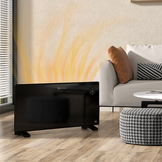 Black electric convector heater with front control panel and feet, freestanding