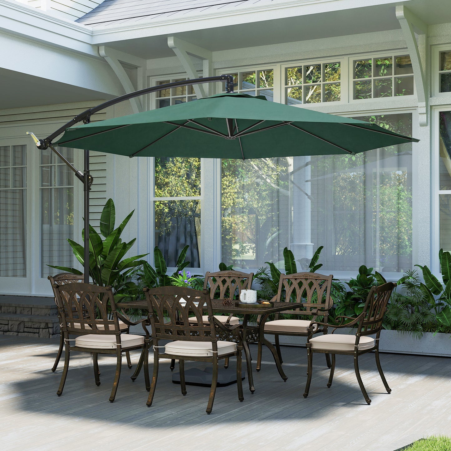 Outsunny 3 M Overhanging Cantilever Parasol With Cross Base Dark Green UV Resistant Outdoor Garden Shade