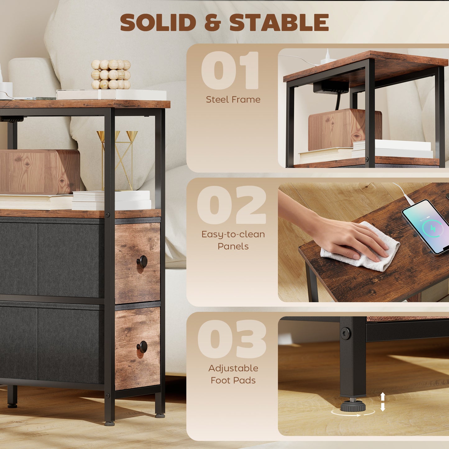 HOMCOM Narrow Bedside Table With Charging Station, 2 Drawers, AC Outlet, 2 USB Ports