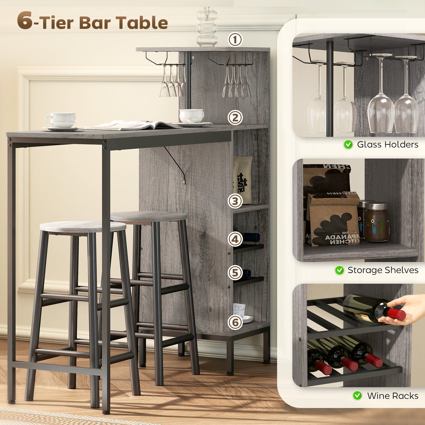 HOMCOM 3 Piece Dining Room Set With Bar Table And Stools Natural Finish Wine Rack And Glass Holders 6 Tier Storage
