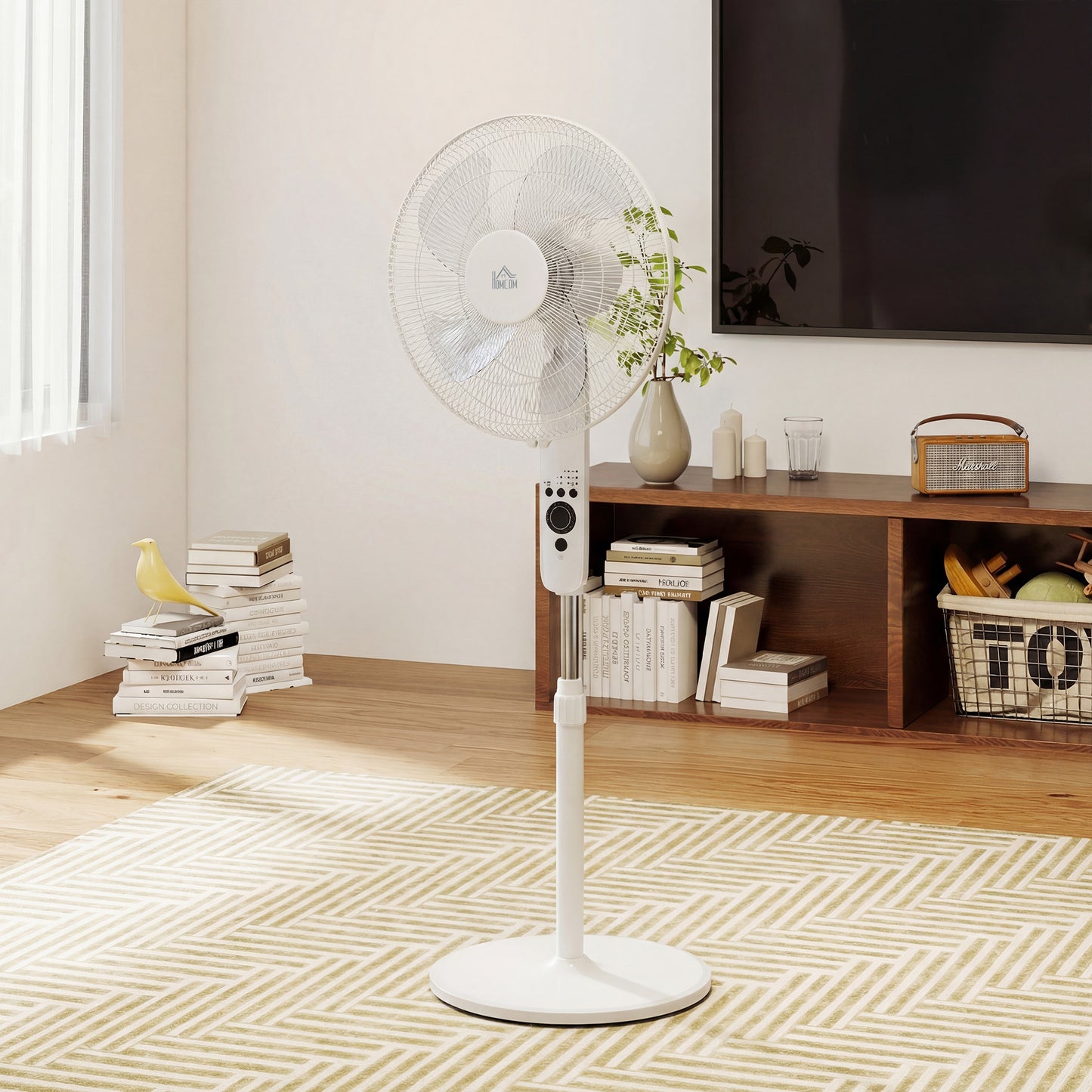HOMCOM 18 Inch Pedestal Fan Sleep Mode Remote Control Oscillating Standing Fan 3 Speeds Adjustable Height White