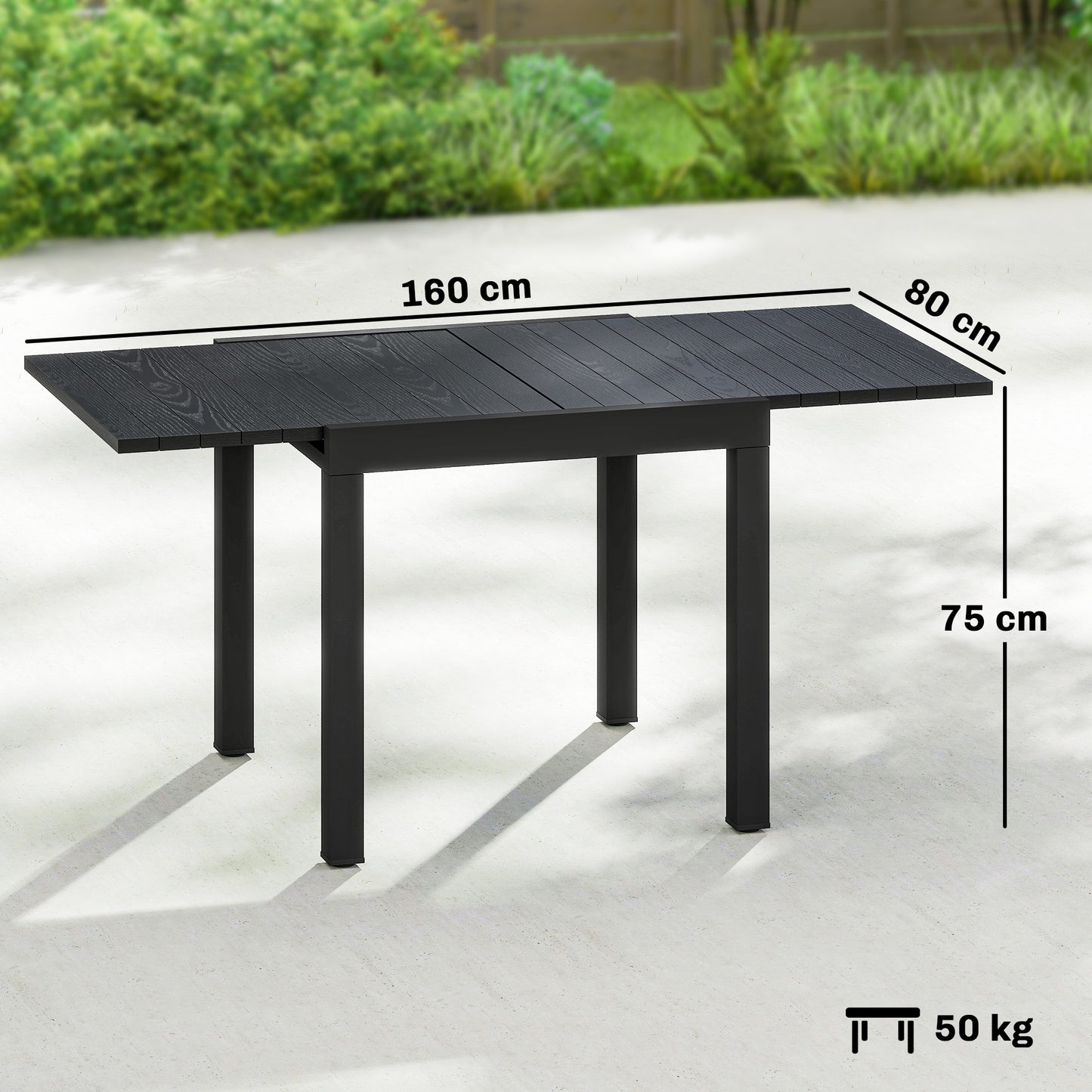 Outsunny Extendable Garden Table For Four To Six, Aluminium Outdoor Dining Table With Faux Wood Slatted Top, Black