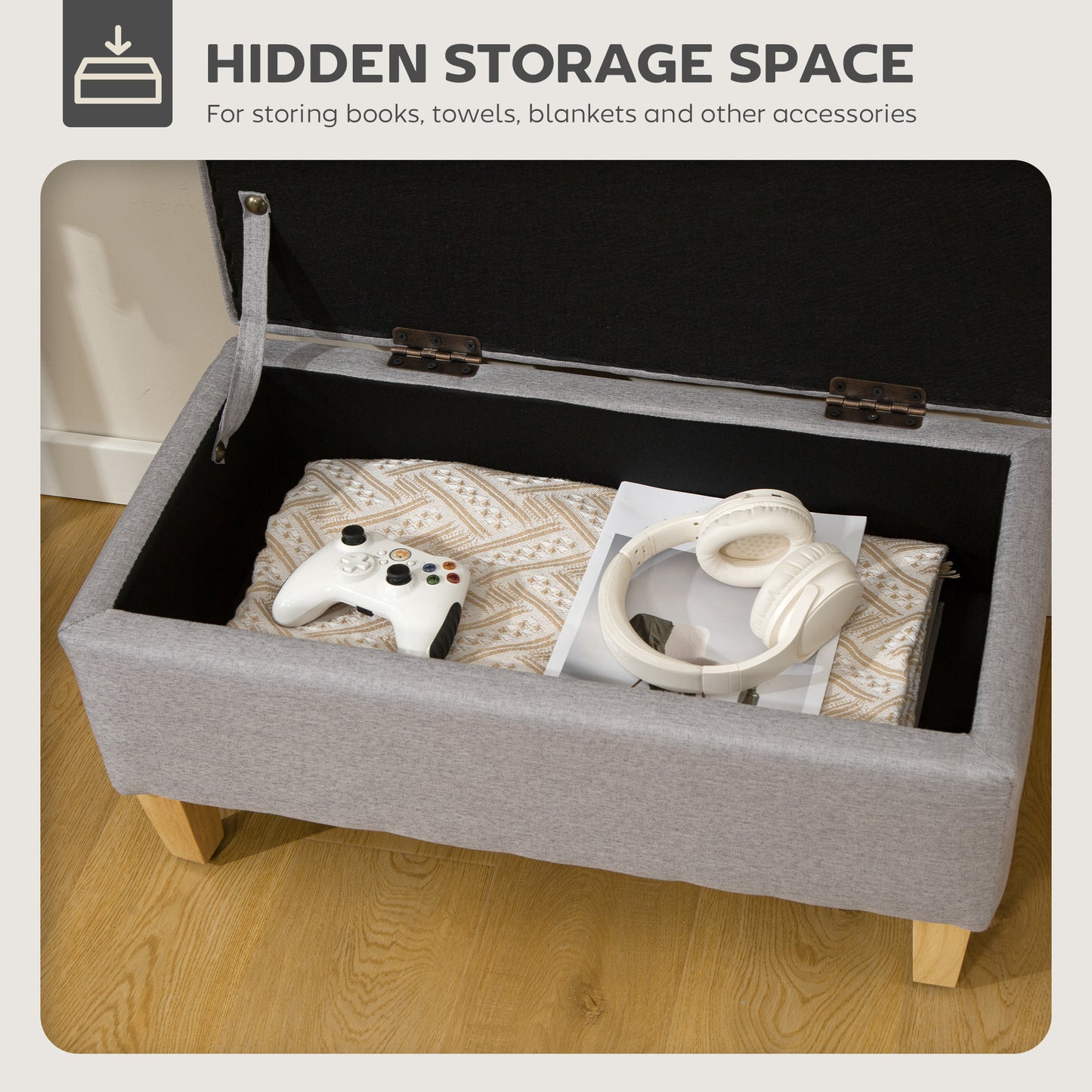 HOMCOM 30L Linen Storage Ottoman Padded Footstool With Rubberwood Legs Storage Box Bed End Shoe Bench Seating Light Grey