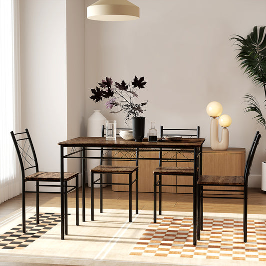 HOMCOM Five-Piece Minimal Dining Set With Black Metal Frames And Oak-Effect Table And Chairs