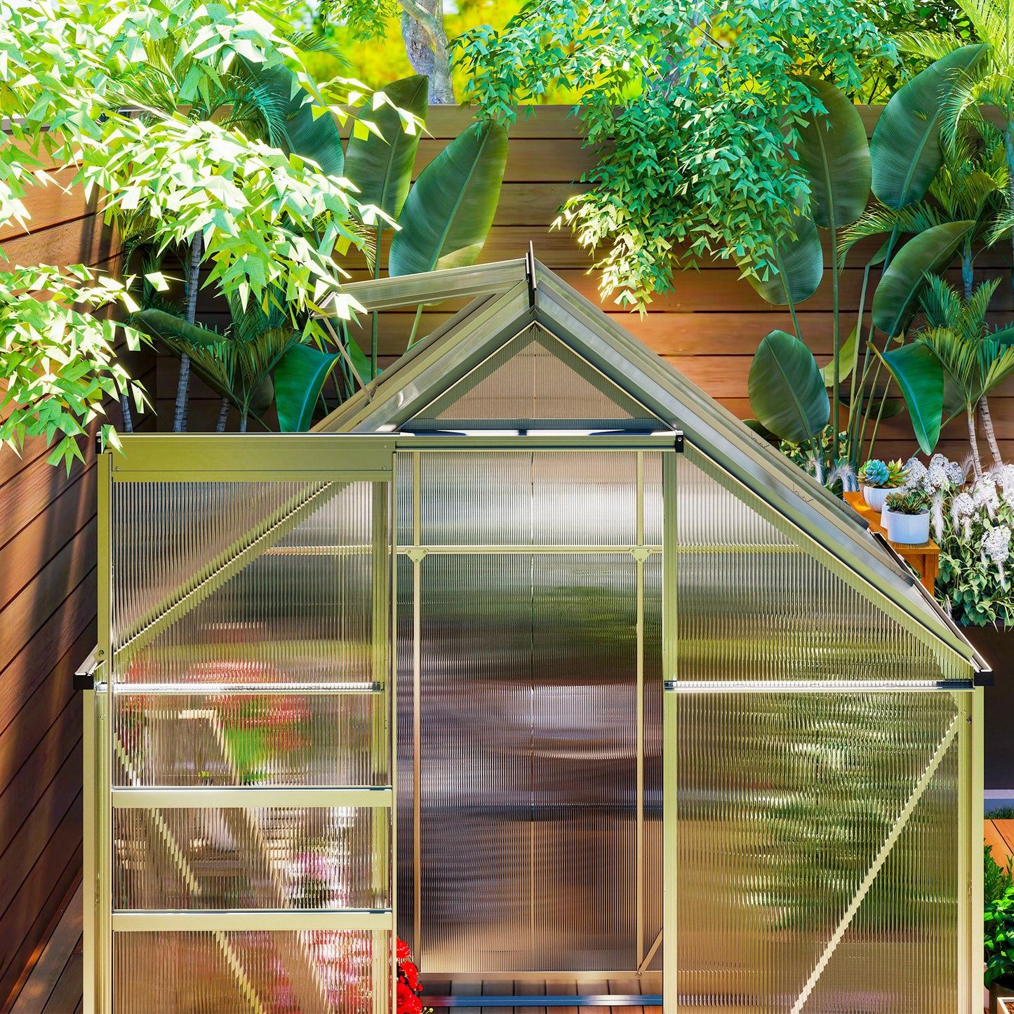 Outsunny 192.5 x 131 cm Walk In Polycarbonate Greenhouse Aluminum Frame Silver Tone For Garden