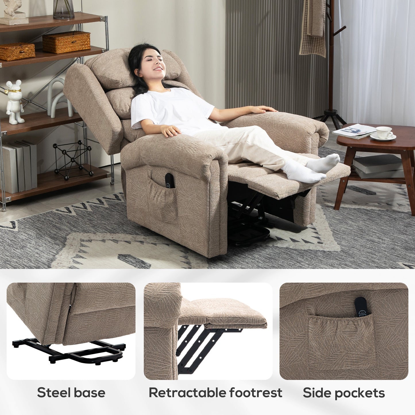 HOMCOM Velvet Feel Electric Riser Recliner Chair Khaki With Power Lift And Easy Access Button