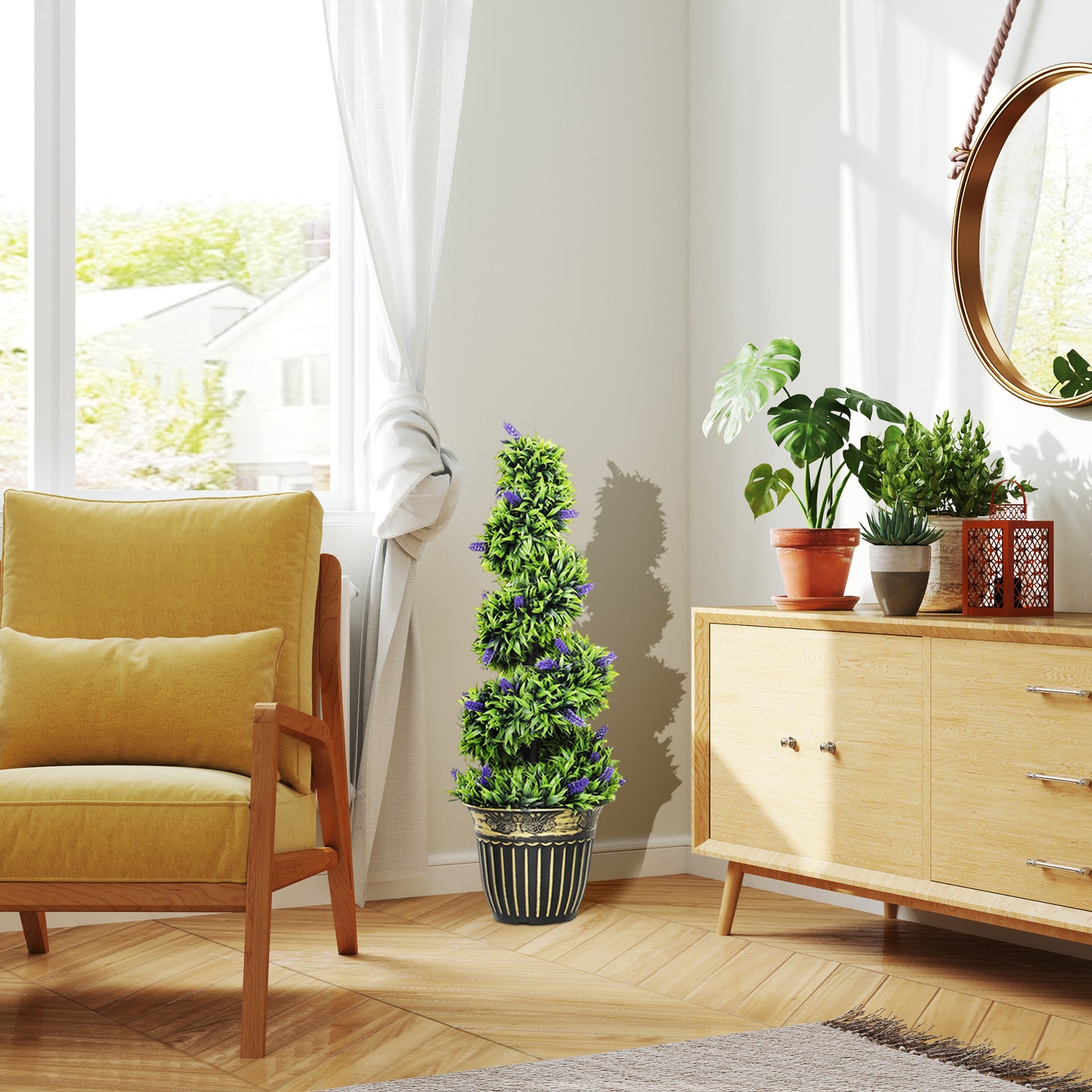HOMCOM Set Of Two 90cm Artificial Lavender Trees In Black And Gold Weighted Cement Pot