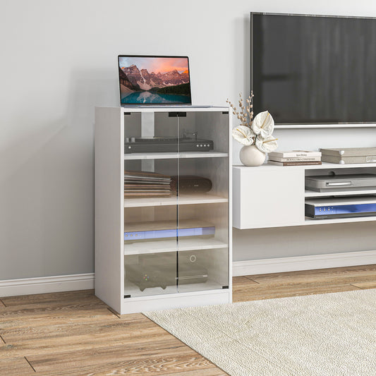 White wood-effect 4-tier record player stand with clear glass doors and open shelves