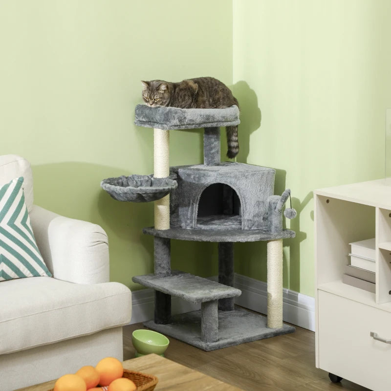 PawHut 100cm Grey Cat Tree Tower with Sisal Scratching Post - Sturdy & Stylish Furniture for Your Feline Friend