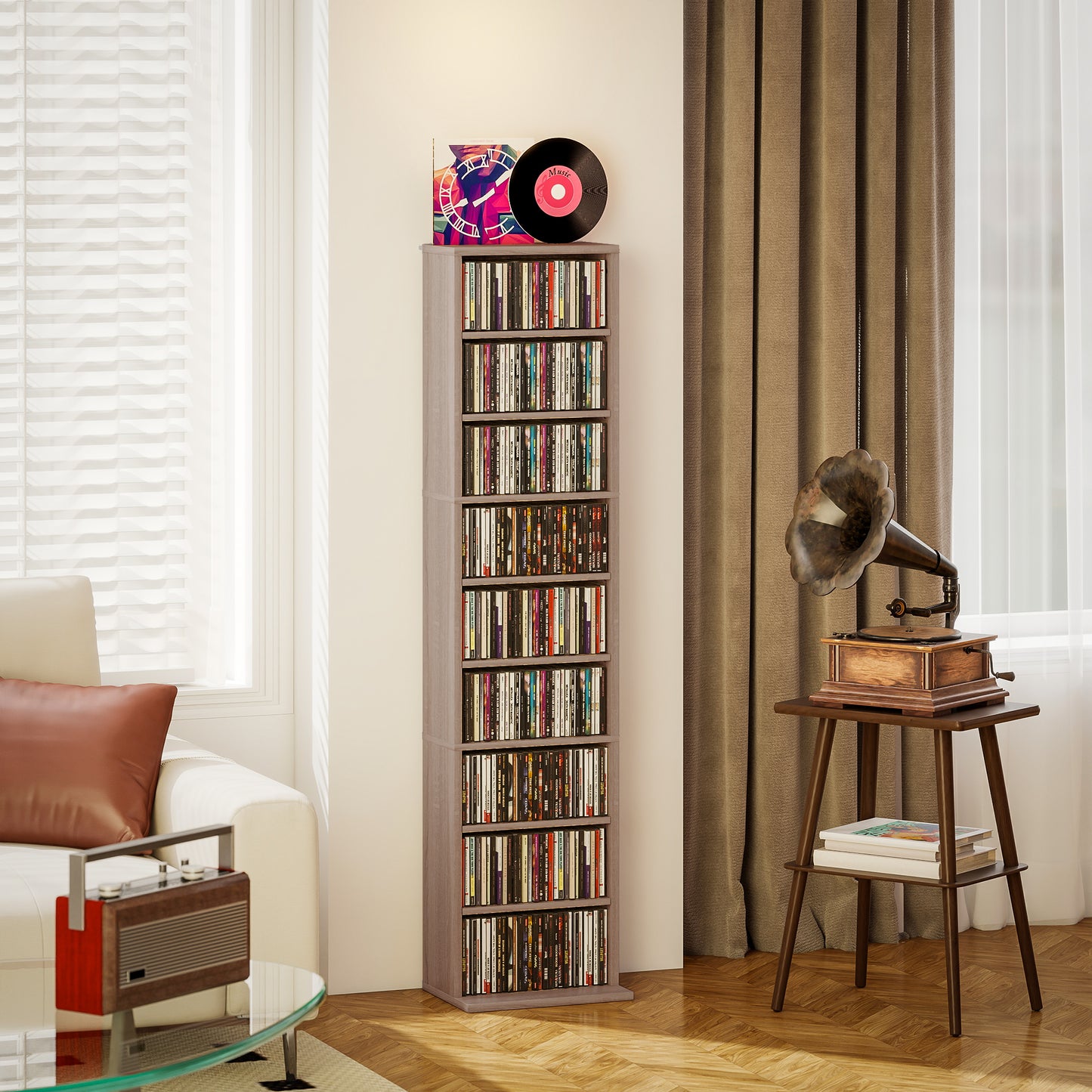 HOMCOM 260 CD Storage Unit Narrow With Six Adjustable Shelves Natural Wood Finish For Home Media Organization