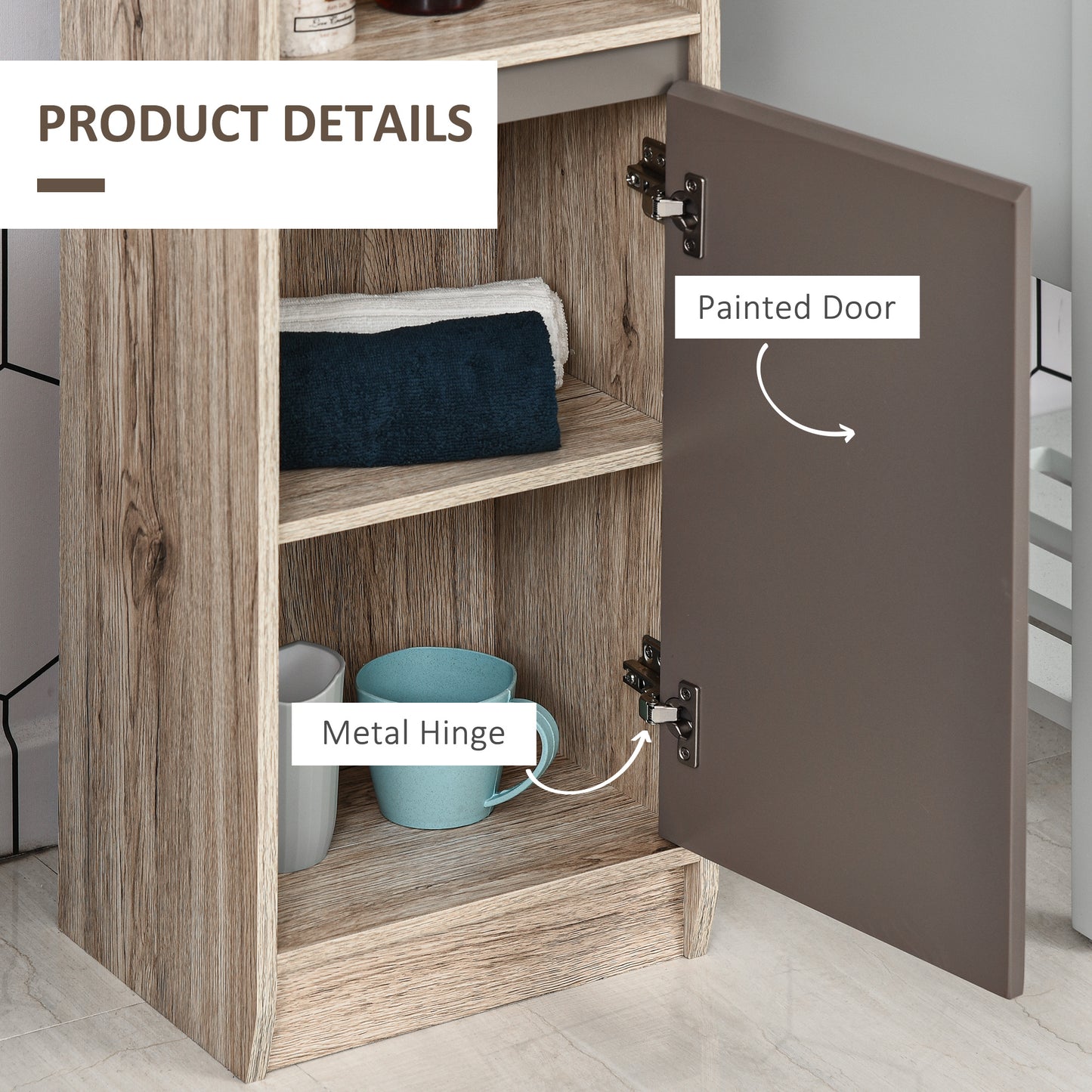 HOMCOM Slim Freestanding Bathroom Storage Cabinet with Dual Cupboards and Open Shelves, Grey and Oak Finish - ALL4U RETAILER LTD