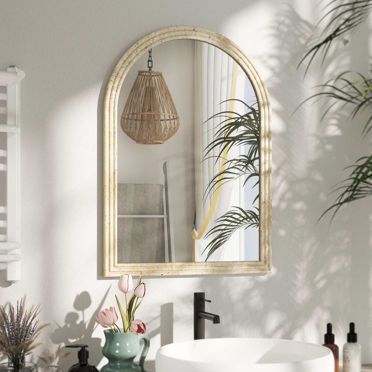 HOMCOM Arched Wall Mirror With Grooved Edge And Hooks Wall Mounted Modern Tempered Glass Beige