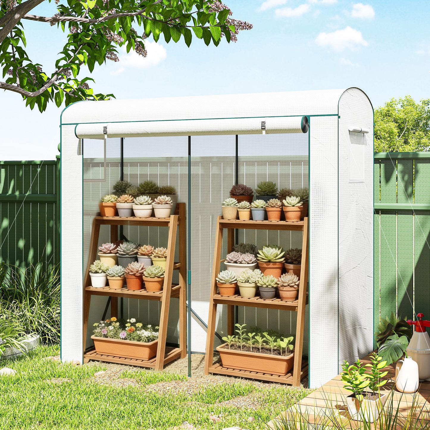 Outsunny Mini Greenhouse Garden Tomato Growhouse With Roll Up Door And 2 Mesh Windows PE Cover 200 x 75 x 188 Cm White
