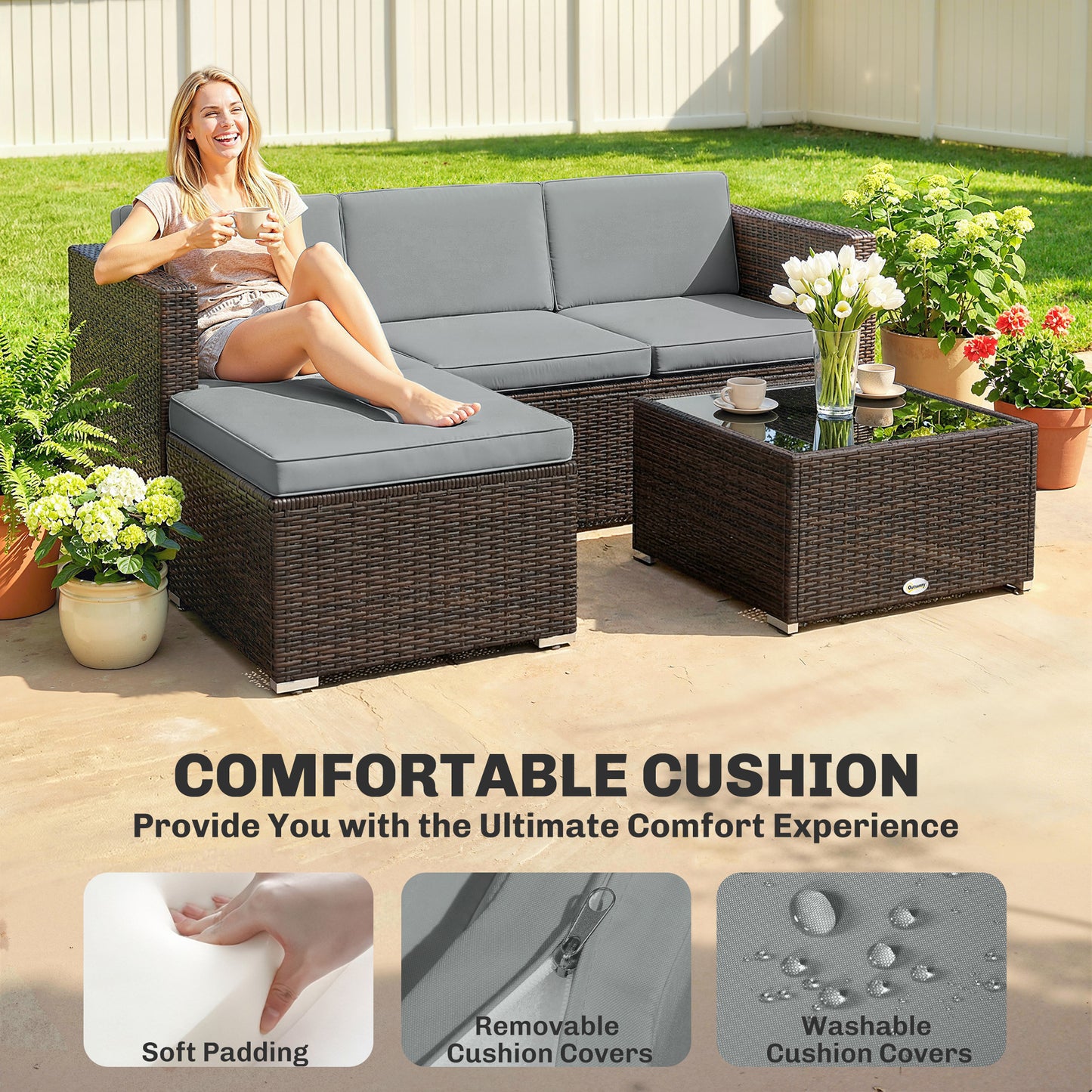 Outsunny 3 Pieces Garden Furniture Set With Cushions PE Rattan Wicker Conversation Corner Sofa Set Light Grey