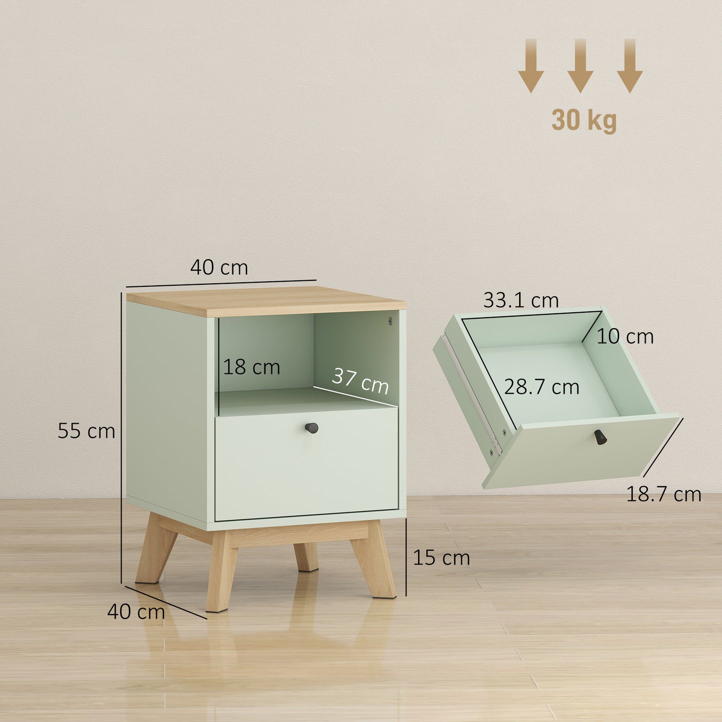HOMCOM Modern Nightstand Set Of 2 Bedside Tables With Drawers And Open Shelf Light Green Finish