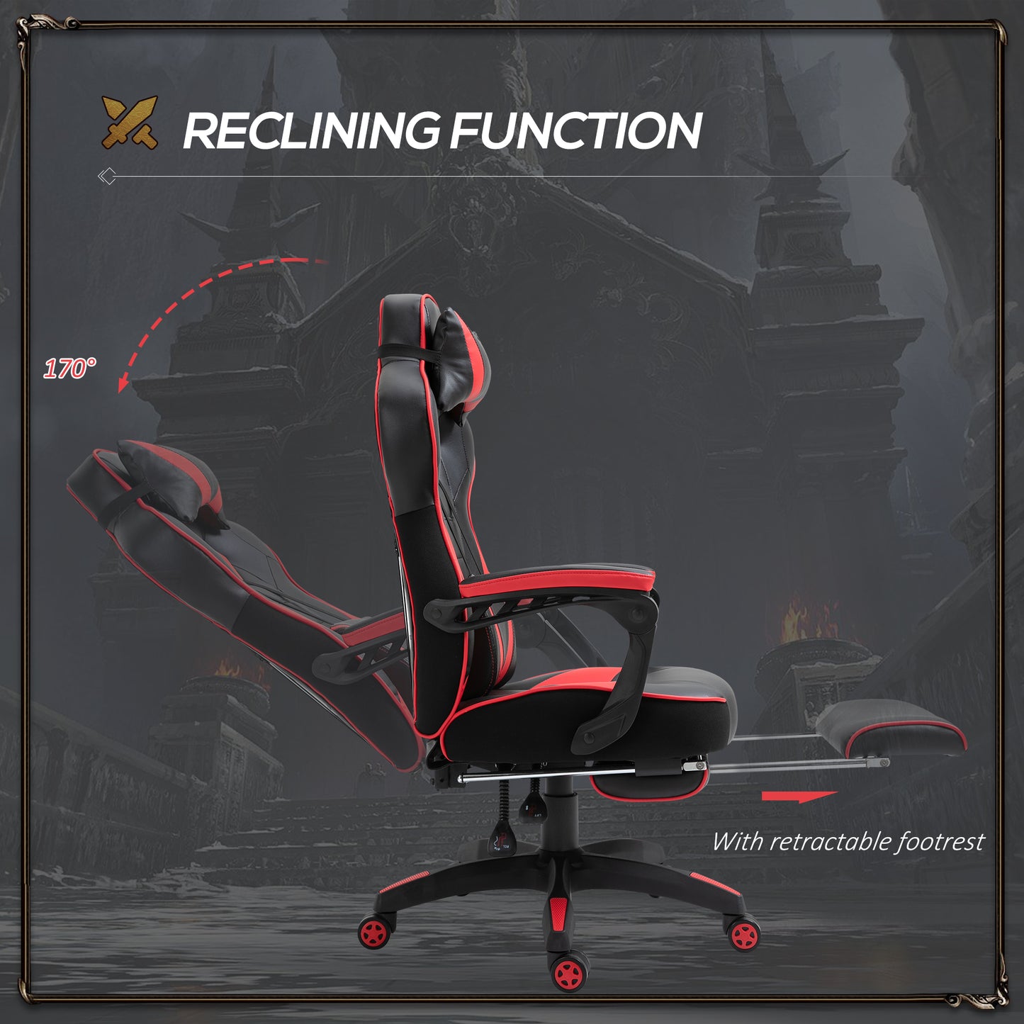 Vinsetto Adjustable Ergonomic Gaming Chair with Retractable Footrest & Lumbar Support - Red & Black Racing Design - ALL4U RETAILER LTD