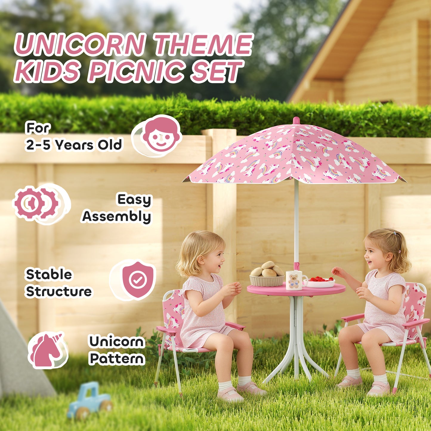 AIYAPLAY Kids Patio Table And Chair Set With Umbrella Pink Unicorn Themed Garden Furniture 4 Piece Bistro Set
