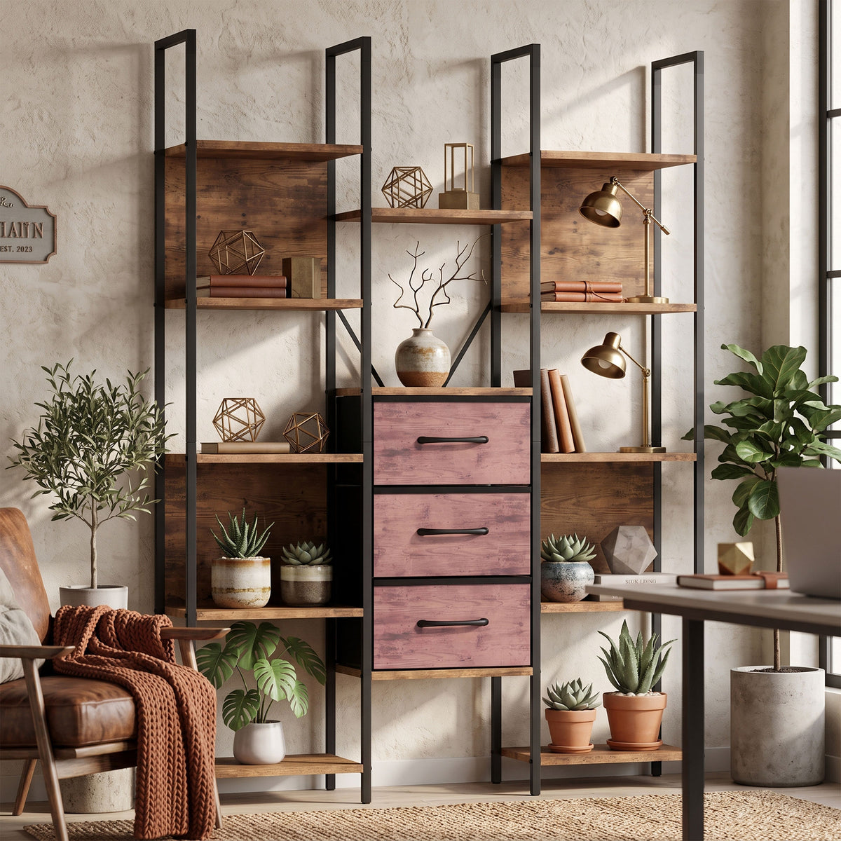 Homcom 5 Tier Bookshelf With Drawers And Open Shelves Brown