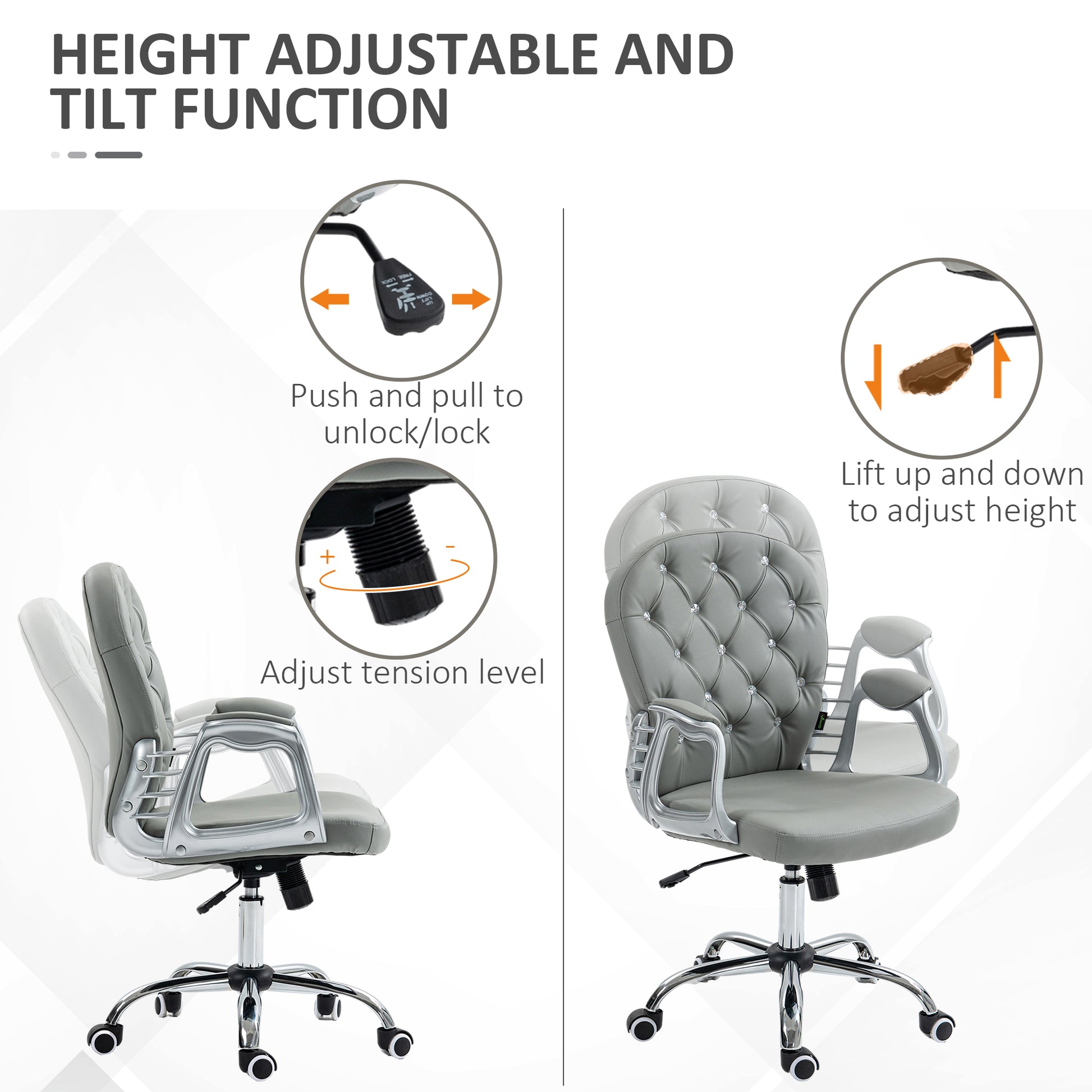 Vinsetto Glamorous Grey Ergonomic Office Chair with 360° Swivel and Diamante Detailing - ALL4U RETAILER LTD