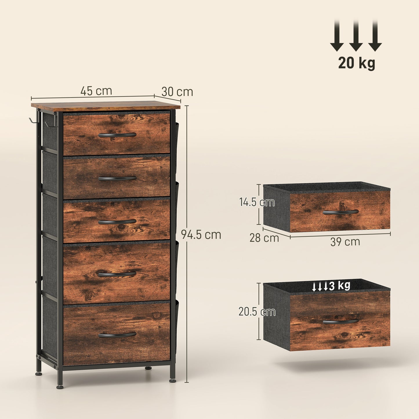 HOMCOM Five Drawer Fabric Chest Rustic Brown Finish With Steel Frame For Bedroom Storage