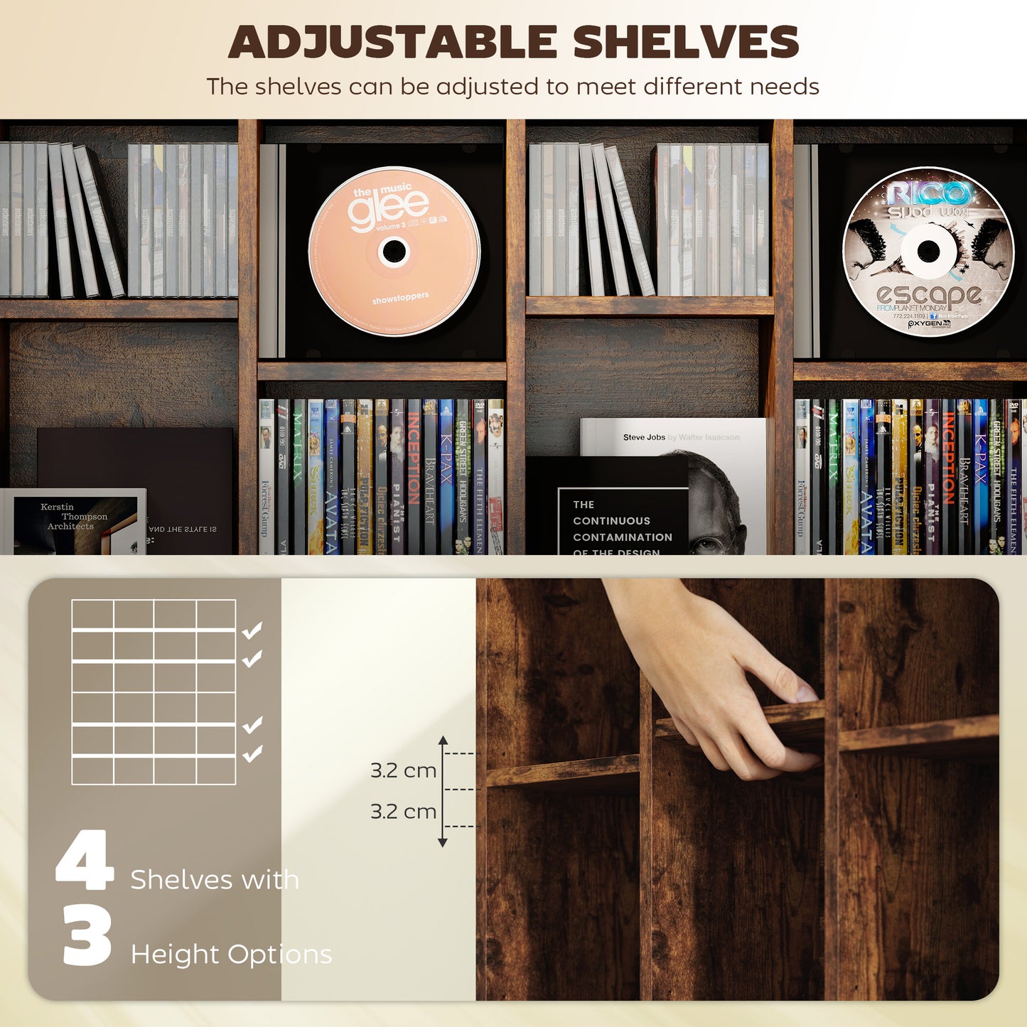 HOMCOM CD Storage Unit With Adjustable Shelves 89 x 130.5 cm Rustic Brown Media Display Furniture