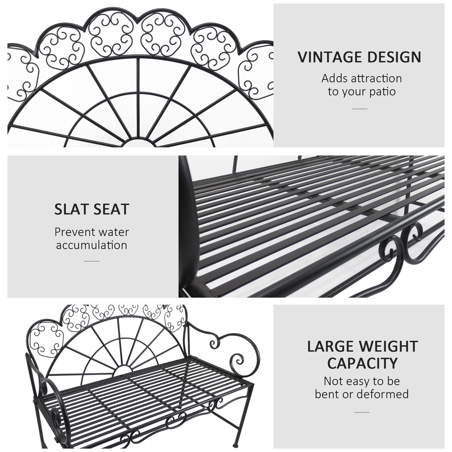 Outsunny Metal Garden Bench Loveseat With Slatted Seat Black Outdoor Patio Furniture Durable Weatherproof