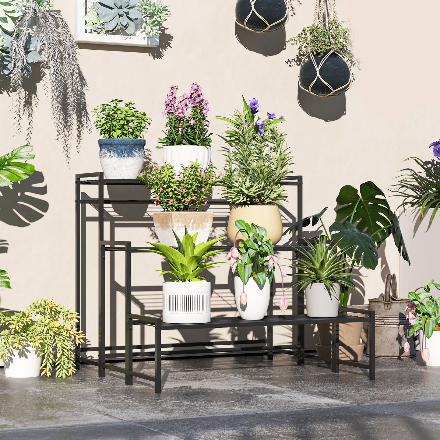 Outsunny Three Tier Metal Plant Shelf Stand Black Indoor Outdoor Garden Tiered Plant Organizer With Slatted Shelves