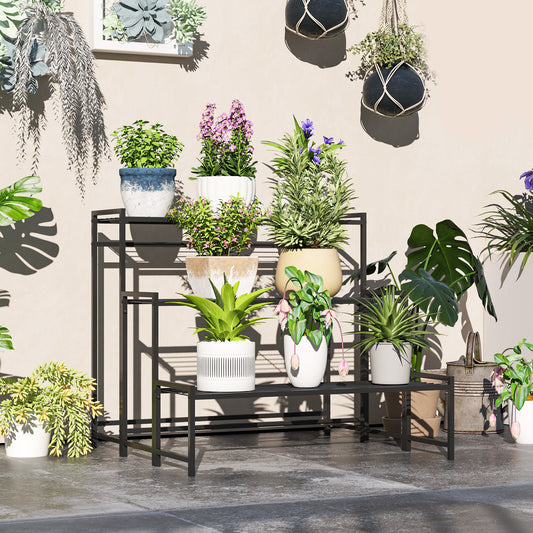 Outsunny Three Tier Metal Plant Shelf Stand Black Indoor Outdoor Garden Tiered Plant Organizer With Slatted Shelves