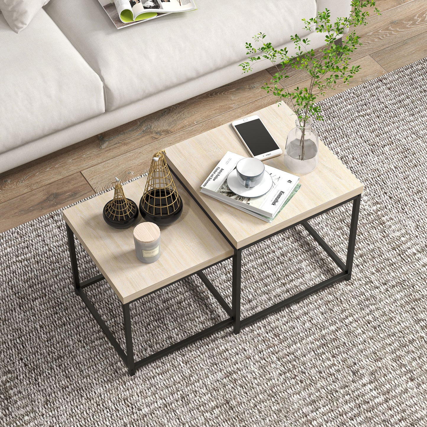 HOMCOM Nesting Coffee Table Set of 2 with 3.5cm Thick Oak Tabletop and Steel Frames
