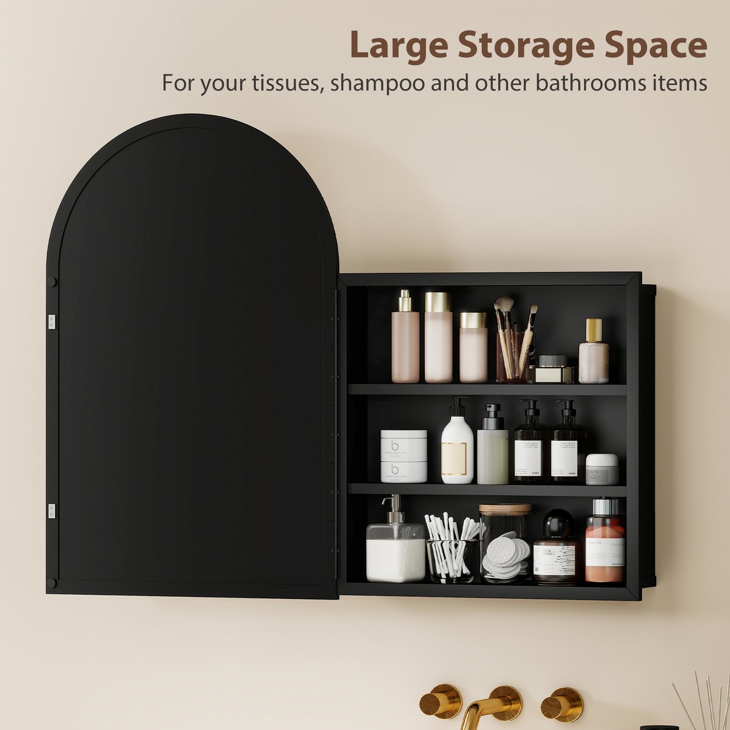 HOMCOM Arched Wall Mounted Bathroom Mirror Cabinet With Storage Shelves Black Finish Fully Assembled