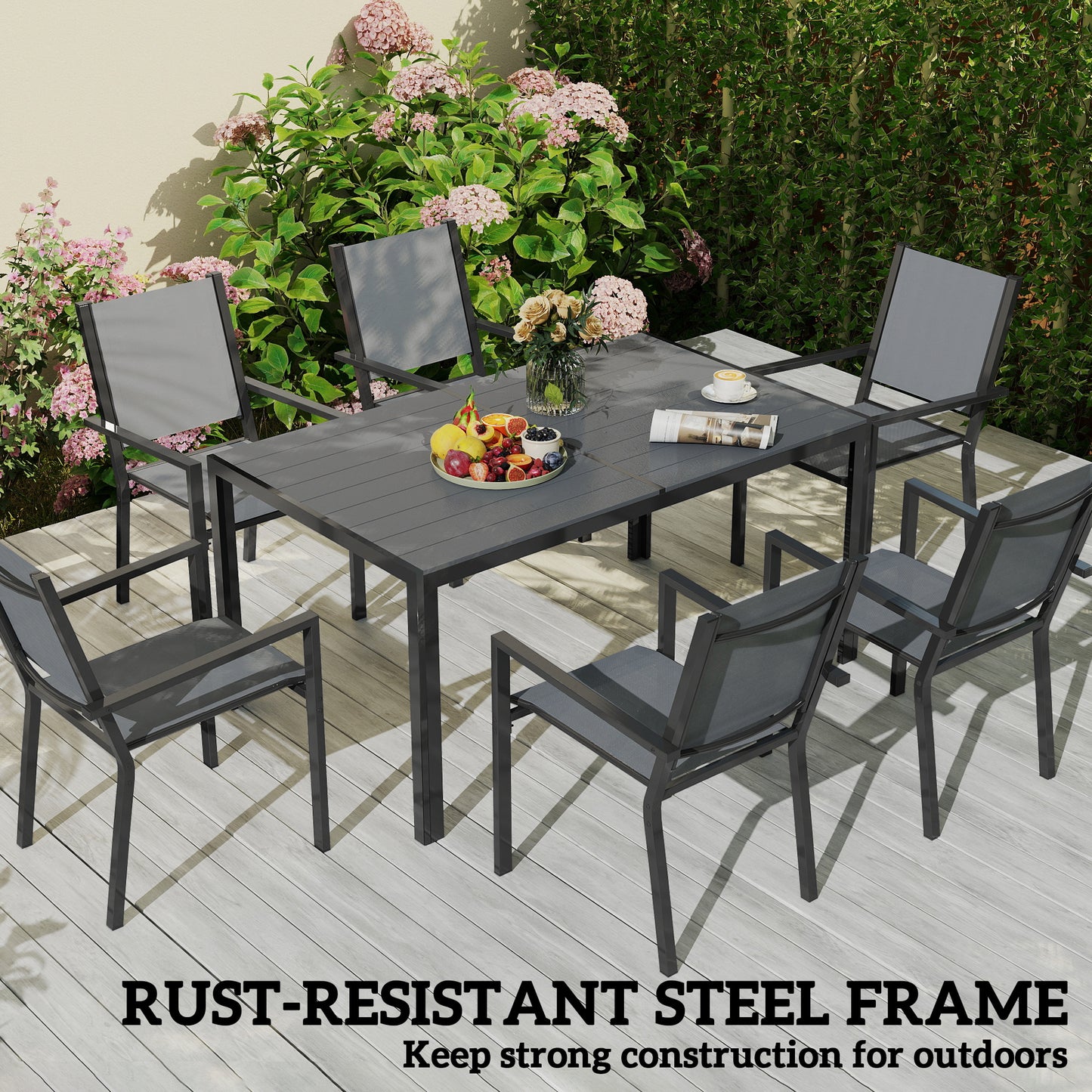 Outsunny 7 Piece Garden Dining Set With 6 Stackable Chairs And 150 Cm WPC Slatted Table Rust Resistant Steel Frame