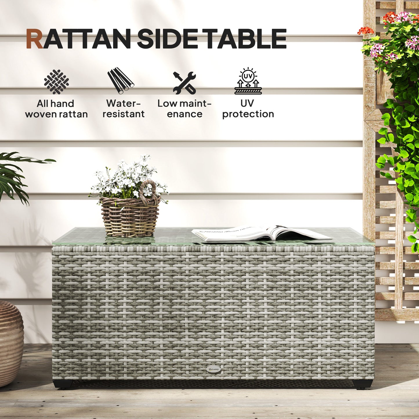Outsunny 90 x 50 cm Tempered Glass Top Rattan Side Table Light Grey Garden Furniture