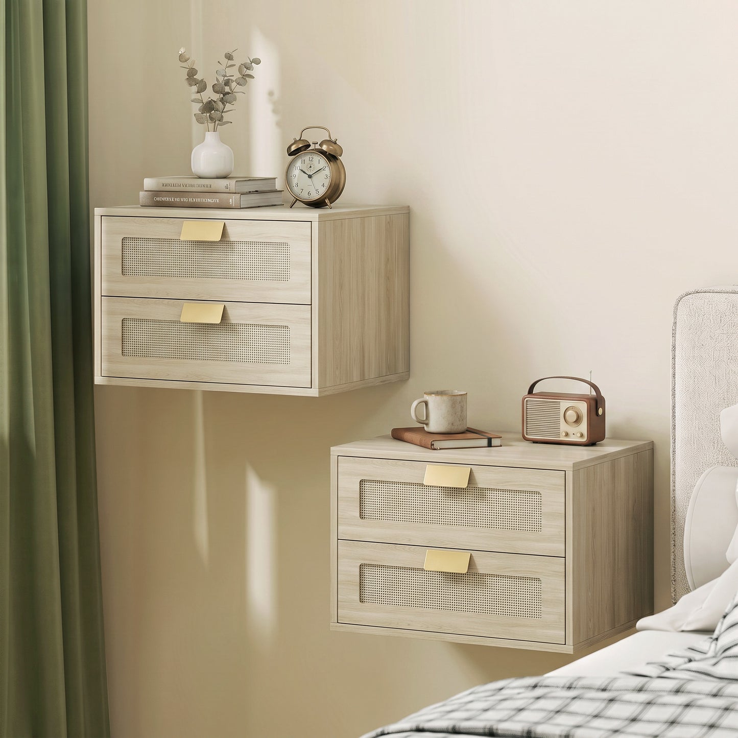 Modern Wall Mounted Floating Nightstand With 2 Drawers In Oak Set