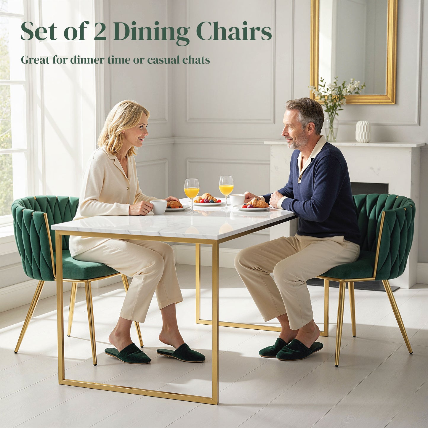 HOMCOM Velvet Feel Dining Chairs Set of 2 Modern Upholstered Armchairs with Knot Design and Golden Legs Dark Green