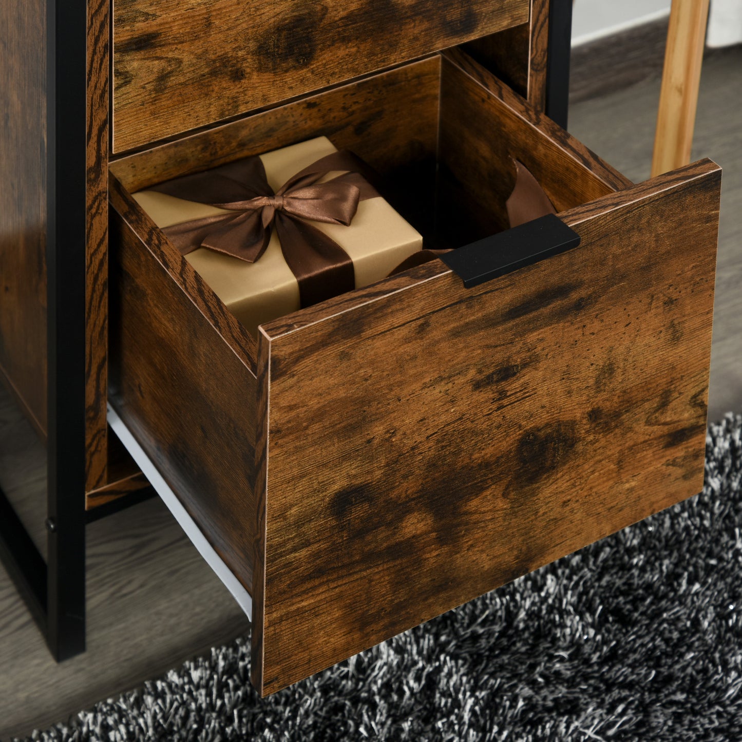 HOMCOM Set Of 2 Industrial Bedroom Chest Of Drawers With Metal Frame 3 Drawer Dresser In Rustic Brown