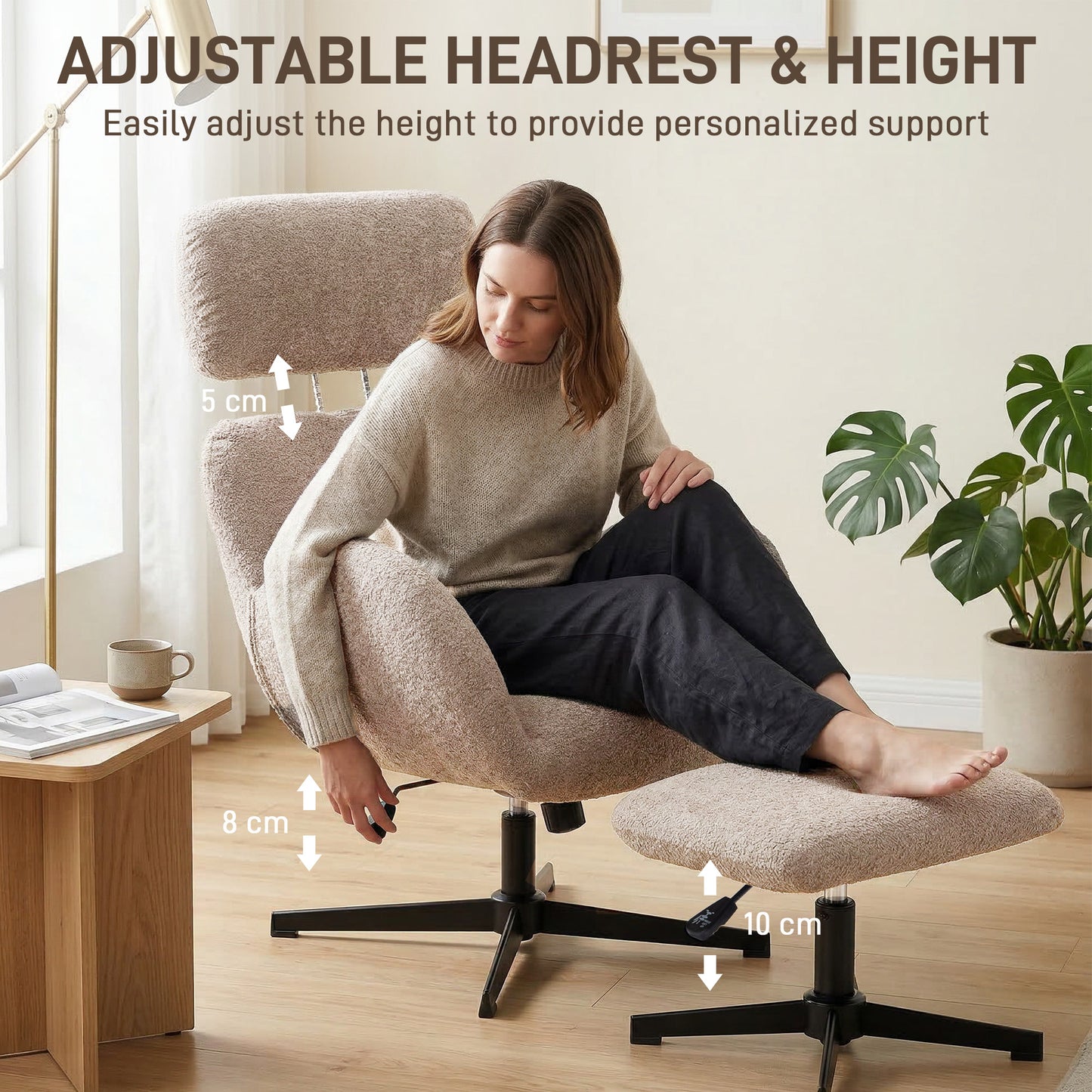 HOMCOM Swivel Armchair And Footstool Set With Height Adjustable Headrest, Rocking Function, Light Brown Velvet