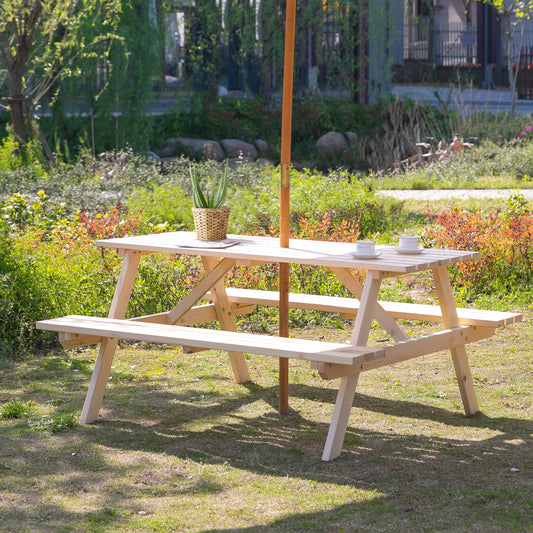 Outsunny 6 Seater Wooden Picnic Table Bench With Parasol Cutout 150 Cm Natural Wood Finish Outdoor Garden Patio