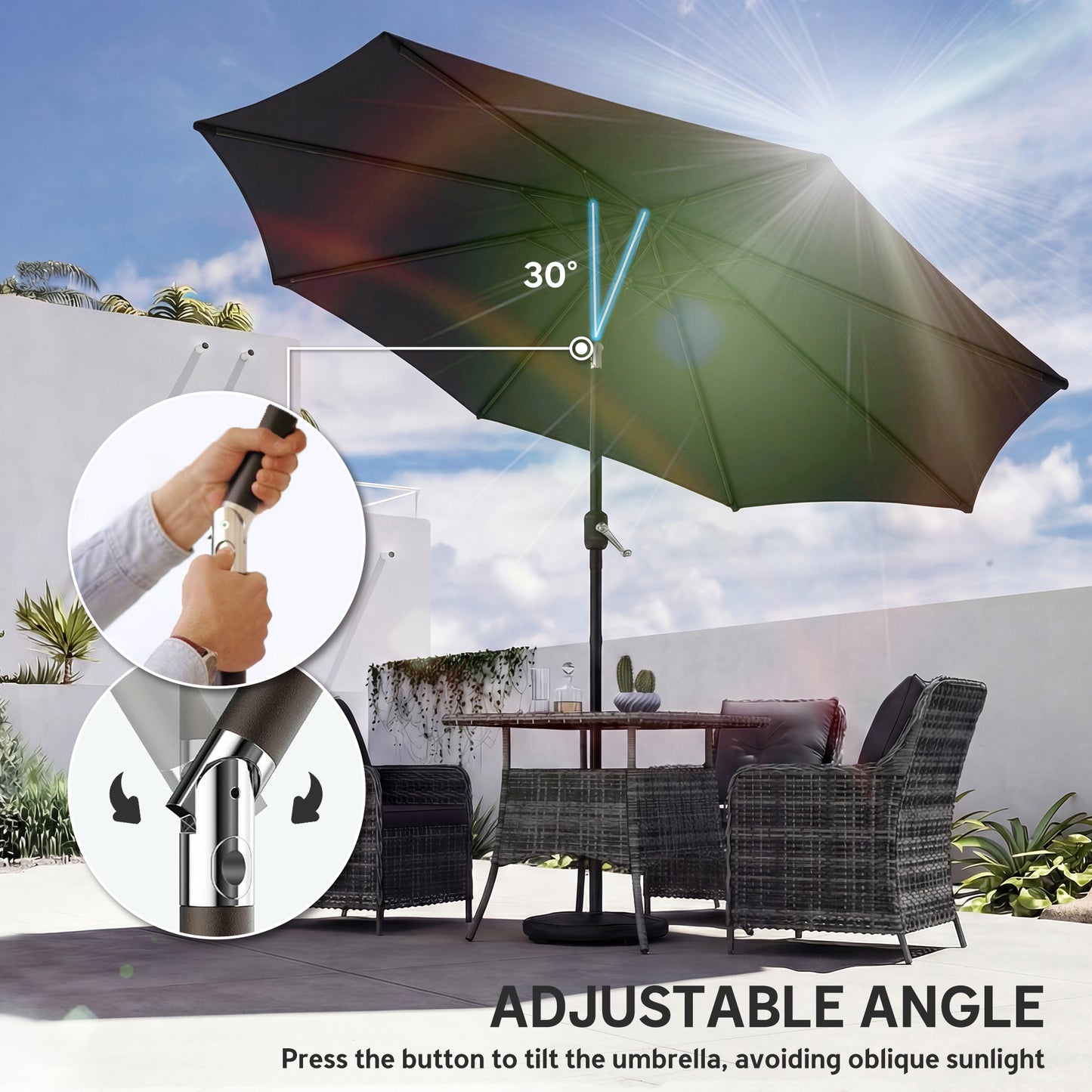 Outsunny 2.7 m Garden Parasol Umbrella With Cross Base And Sandbag Retractable Ribs Outdoor Market Umbrella Black